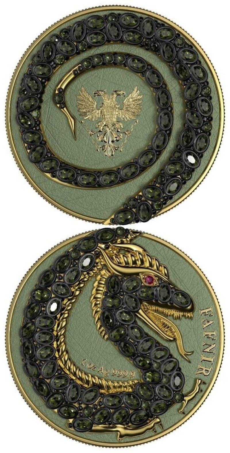 2020 Germania Fafnir Set №3 Carapace - 2 x 1 Oz Silver Coins with intricate double-sided dragon designs.