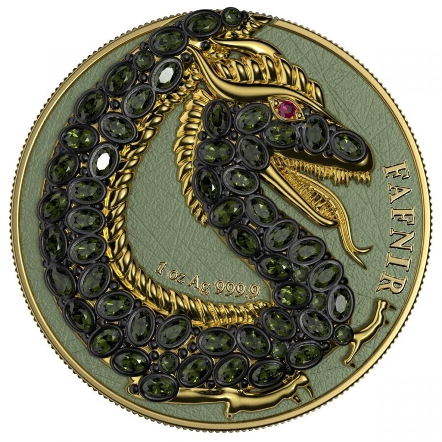 2020 Germania Fafnir Set №3 Carapace - 2 x 1 Oz Silver Coins with intricate double-sided dragon designs.