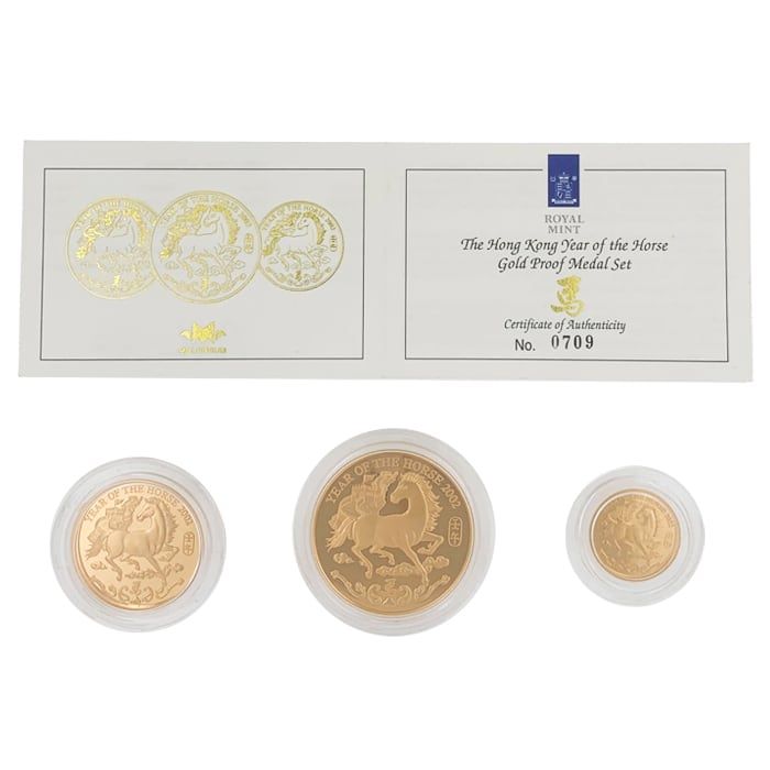 2002 Hong Kong Lunar - Year of the Horse .9167 Gold Proof 3 Medal Set (No Box) Captain’s Chest Bullion