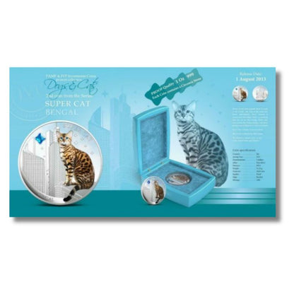 2013 Fiji $2 Super Cat Bengal 1 oz Silver Coin featuring a detailed depiction of a Bengal cat.