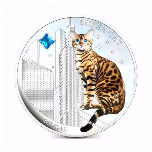 2013 Fiji $2 Super Cat Bengal 1 oz Silver Coin featuring a detailed depiction of a Bengal cat.