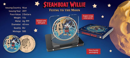 2017 Niue $2 Steamboat Willie - Flying to the Moon 1oz 500pcs Silver Coin Captain’s Chest Bullion