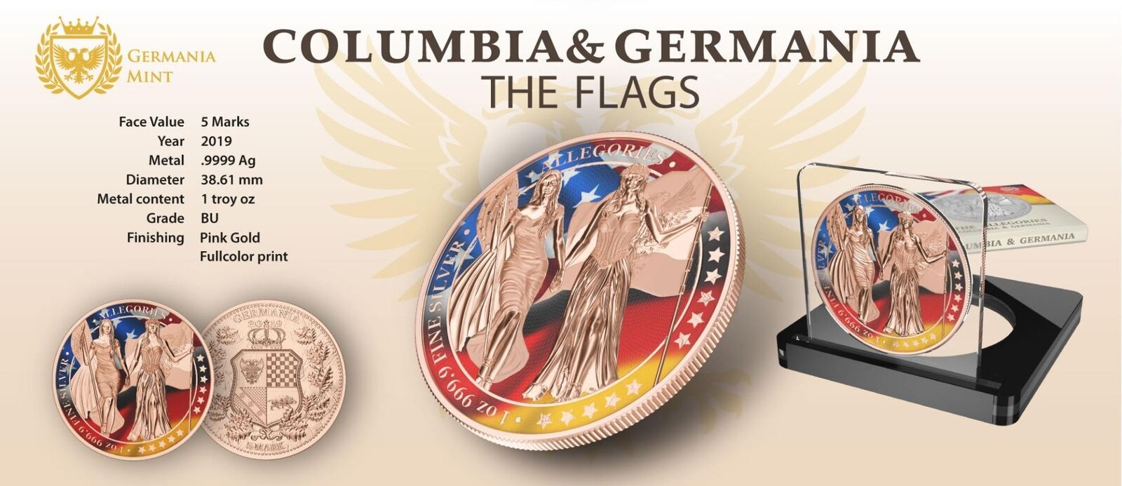 2019 Germany 5 Mark - Columbia & Germany - Flags - 1 Oz Silver Coin Captain’s Chest Bullion