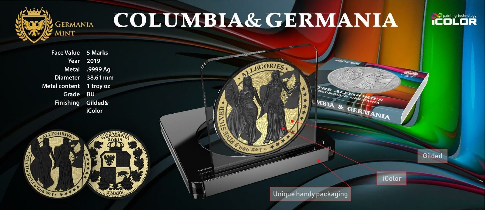 2019 Germany 5 Mark Columbia & Germany - Gilded & Black Varnish 1oz Silver Coin Captain’s Chest Bullion