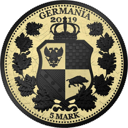 2019 Germany 5 Mark Columbia & Germany - Gilded & Black Varnish 1oz Silver Coin Captain’s Chest Bullion