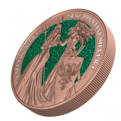 2019 The Allegories Britannia Germania 2 Oz. Gold Gilded & Green Diamond Dust Captain’s Chest Bullion