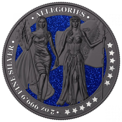 2019 The Allegories Columbia & Germania 2 Oz. Dark Blue Diamond Dust Captain’s Chest Bullion