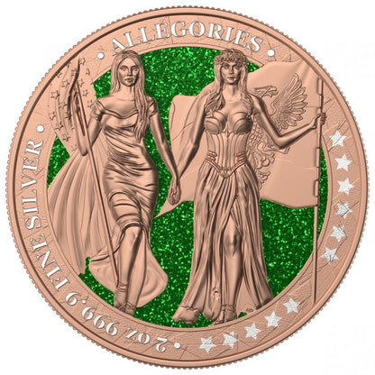 2019 The Allegories Columbia Germania 2 oz Gold Gilded Green Diamond Dust - Symbolic Splendor in Numismatic Excellence Captain’s Chest Bullion