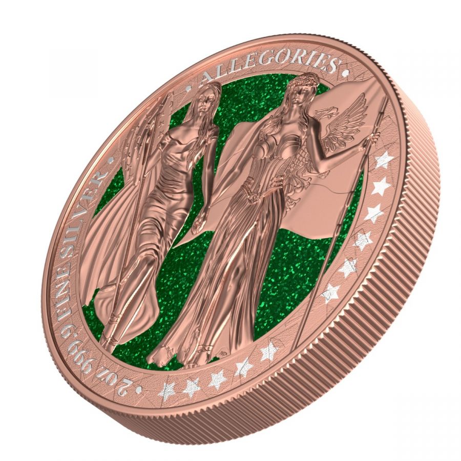 2019 The Allegories Columbia Germania 2 oz Gold Gilded Green Diamond Dust - Symbolic Splendor in Numismatic Excellence Captain’s Chest Bullion