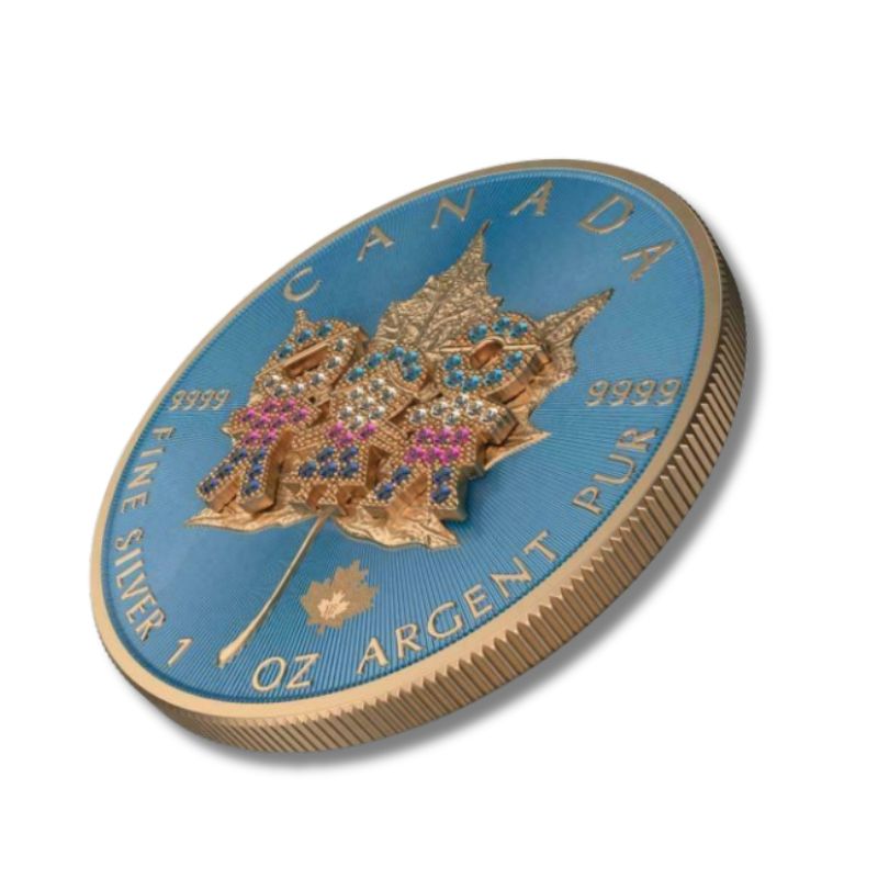 2019 Canada $5 Family Day Bejeweled Maple Leaf 1 oz Silver Coin featuring a Family Day design with gemstone embellishments.