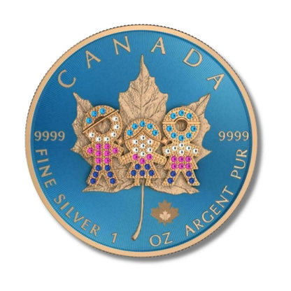 2019 Canada $5 Family Day Bejeweled Maple Leaf 1 oz Silver Coin featuring a Family Day design with gemstone embellishments.