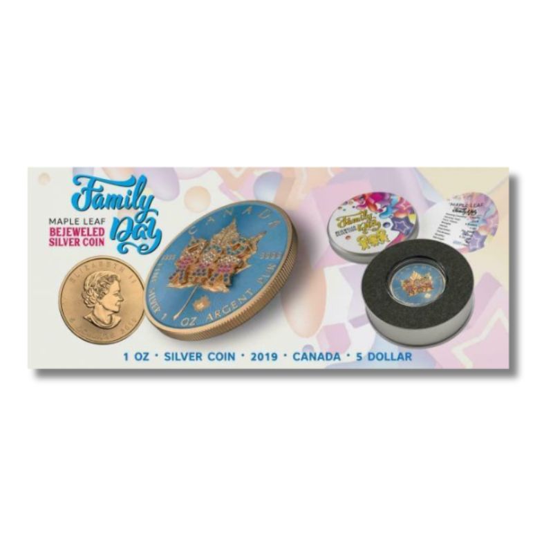 2019 Canada $5 Family Day Bejeweled Maple Leaf 1 oz Silver Coin featuring a Family Day design with gemstone embellishments.