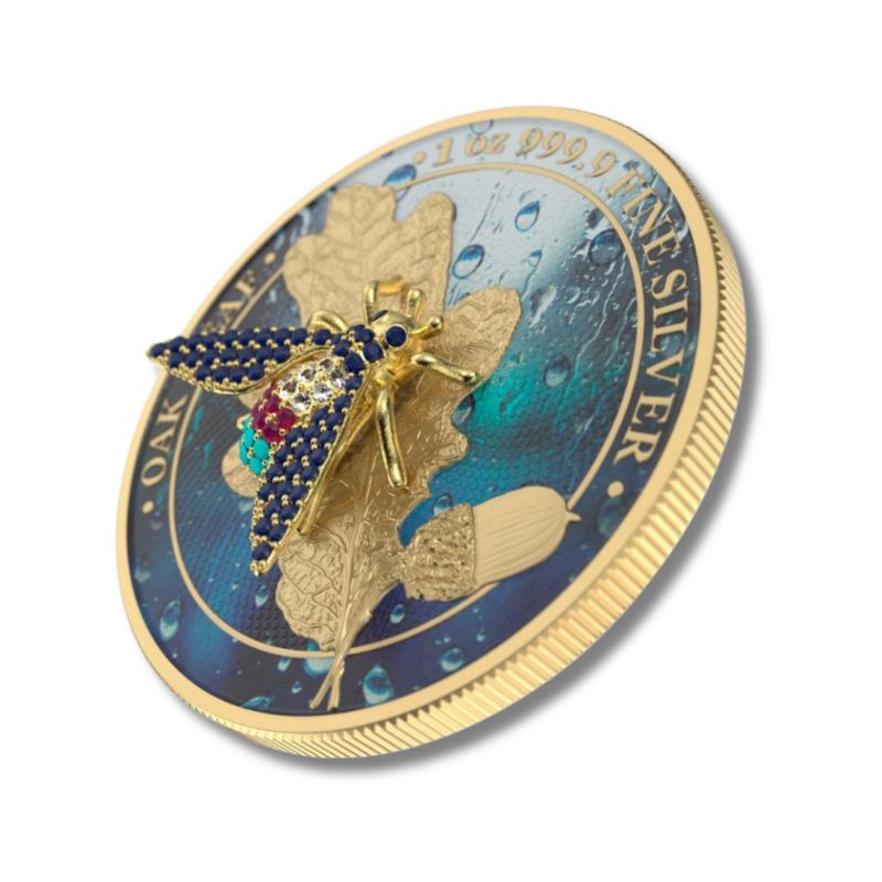 2019 Germania Bejeweled Fly Oak Leaf 1 oz .999 Silver Coin – featuring an intricate oak leaf design with luxurious bejeweled accents.