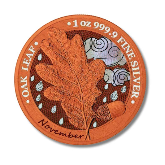 2019 Germania Oak Leaf - 12 Months Series November Coin in .999 fine silver with a unique November-themed design.