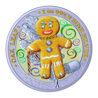 2019 Germania Oak Leaf Bejeweled Gingerbread Man Crystals coin with intricate gingerbread man design and sparkling crystals.