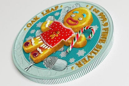 2019 Germania Oak Leaf Bejeweled Gingerbread - Candy Cane Sweater coin showcasing a gingerbread figure adorned with colorful crystals.