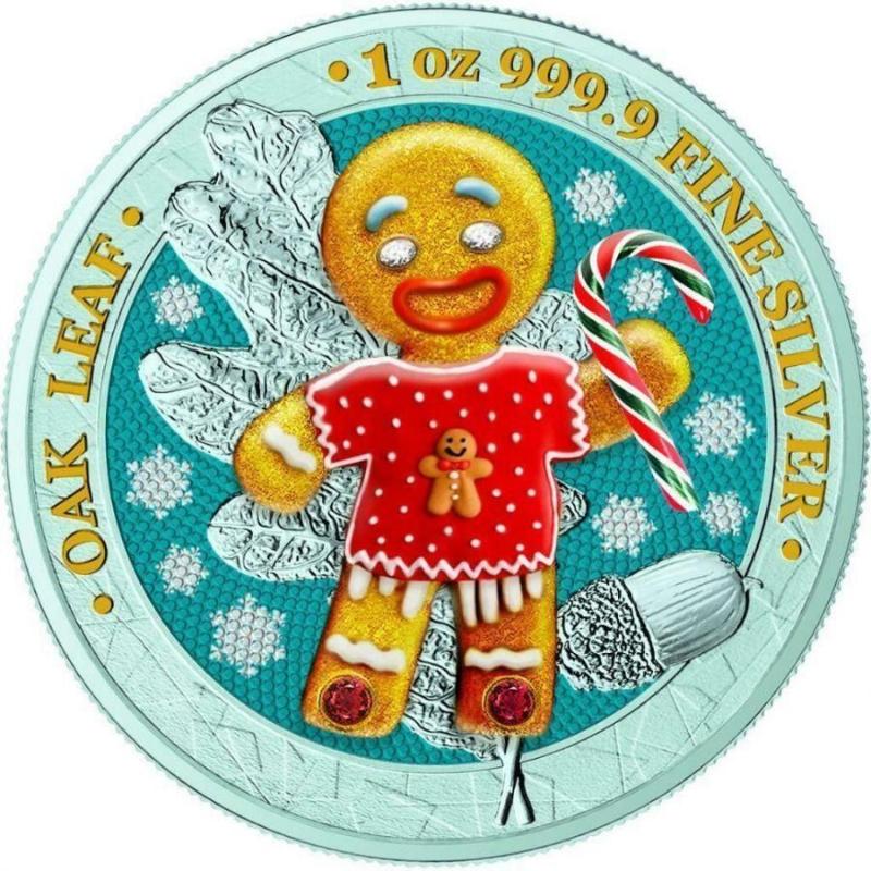 2019 Germania Oak Leaf Bejeweled Gingerbread - Candy Cane Sweater coin showcasing a gingerbread figure adorned with colorful crystals.