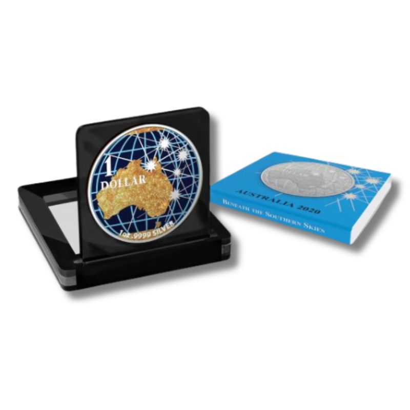 2020 Australia "Beneath the Southern Skies" Golden Map 1 Oz Silver Coin featuring a detailed golden map of Australia.