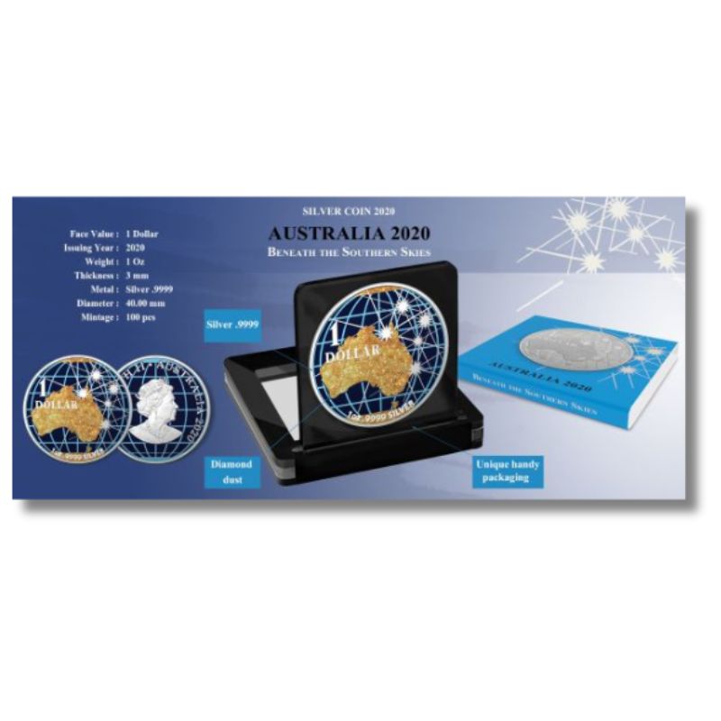 2020 Australia "Beneath the Southern Skies" Golden Map 1 Oz Silver Coin featuring a detailed golden map of Australia.