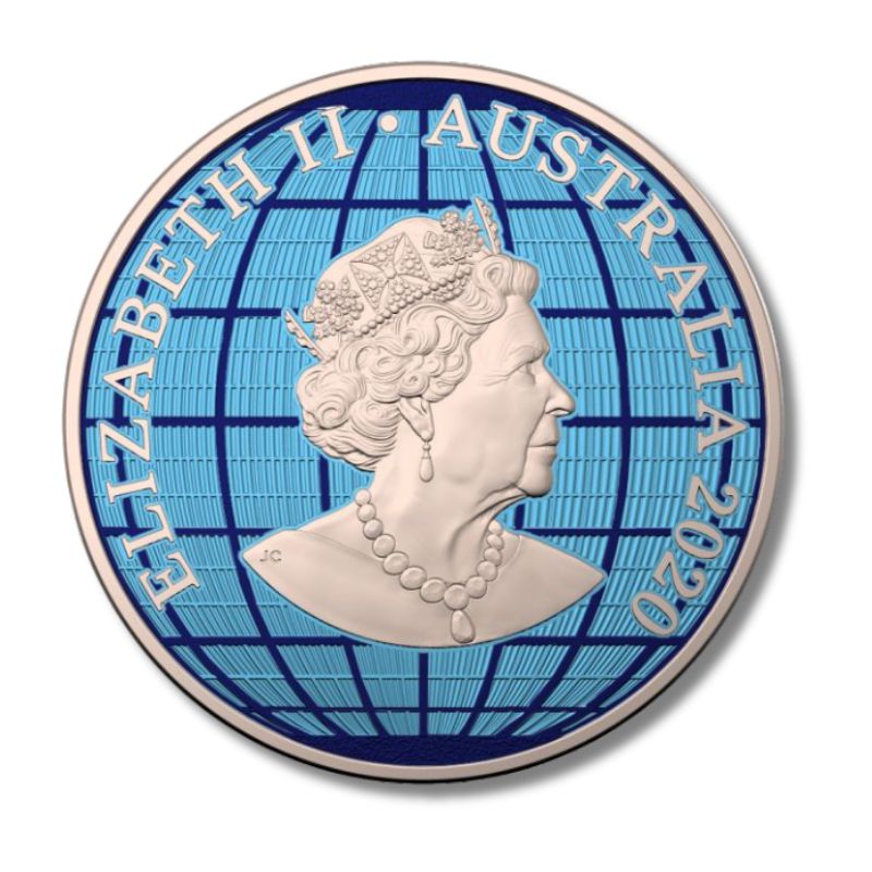 2020 Australia Beneath the Southern Skies Hologram Map 1 Oz Silver Coin featuring a detailed hologram map of Australia.