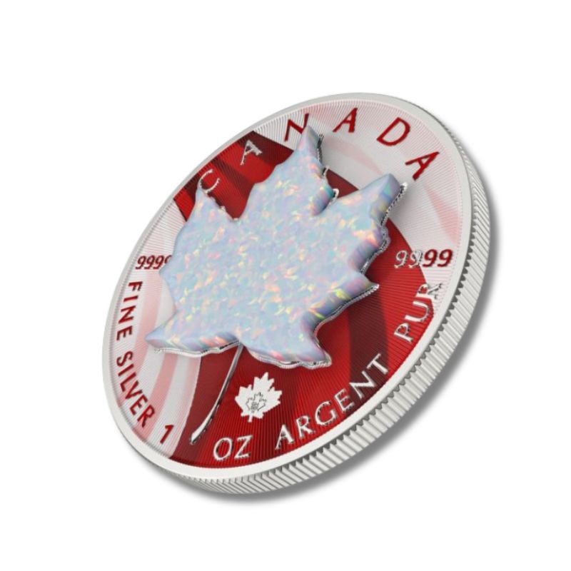 2020 Canada $5 Maple Leaf Metallic & White Opal 1 oz Silver Coin with metallic elements and white opal on a classic maple leaf design.