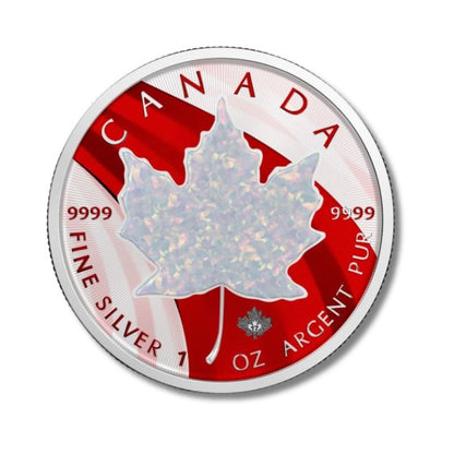 2020 Canada $5 Maple Leaf Metallic & White Opal 1 oz Silver Coin with metallic elements and white opal on a classic maple leaf design.