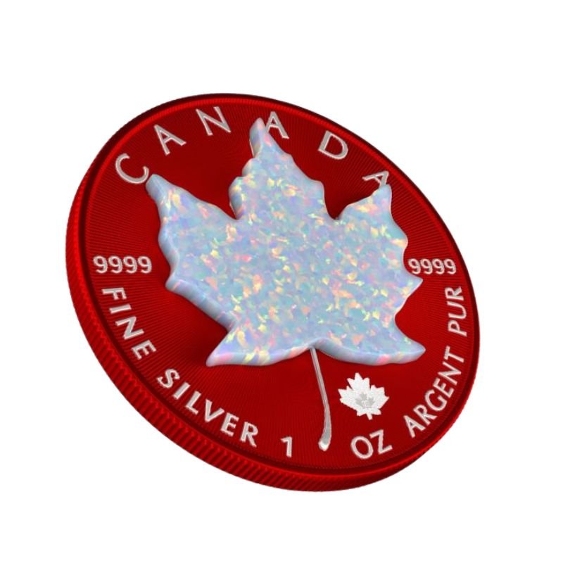 2020 Canada $5 Maple Leaf Space Red & Opal 1 oz Silver Coin featuring Space Red elements and opal on the maple leaf design.