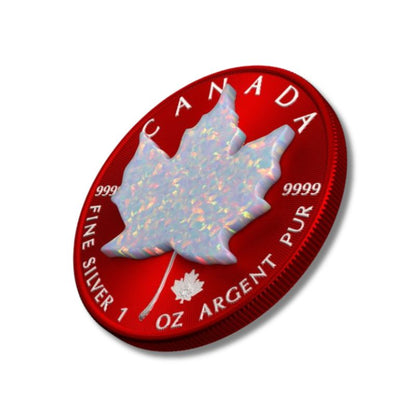 2020 Canada $5 Maple Leaf Space Red & Opal 1 oz Silver Coin featuring Space Red elements and opal on the maple leaf design.