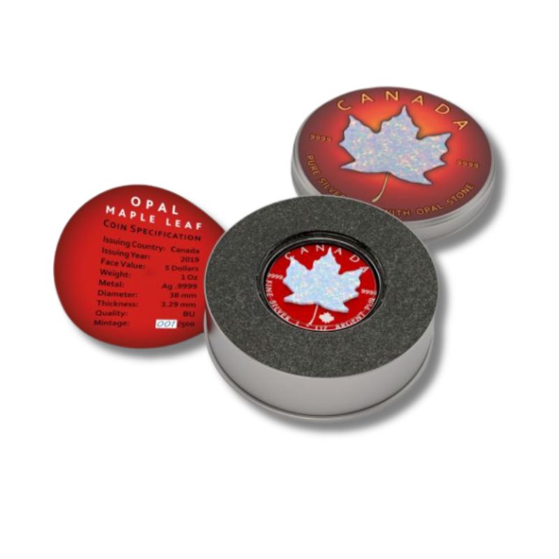 2020 Canada $5 Maple Leaf Space Red & Opal 1 oz Silver Coin featuring Space Red elements and opal on the maple leaf design.