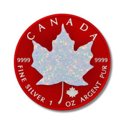 2020 Canada $5 Maple Leaf Space Red & Opal 1 oz Silver Coin featuring Space Red elements and opal on the maple leaf design.