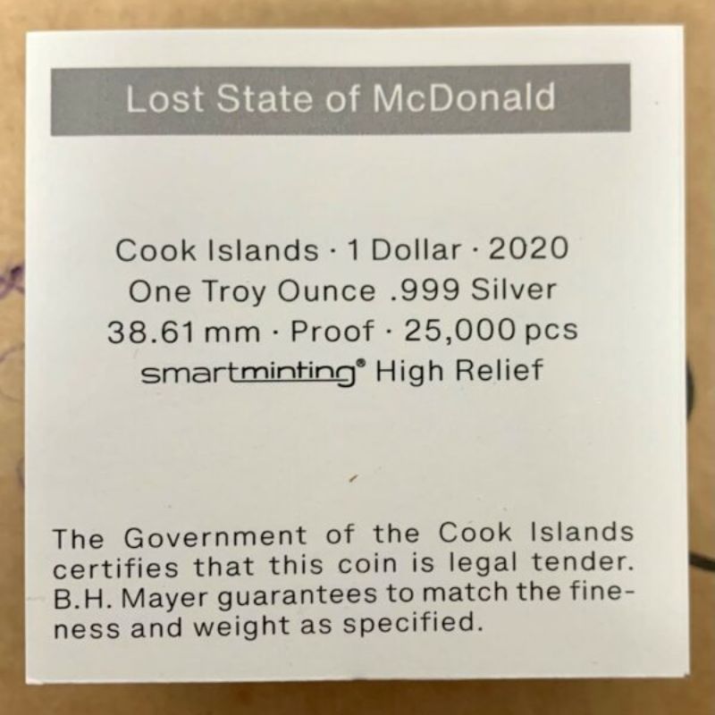 2020 Cook Islands Lost States of America McDonald – 1oz Silver Proof Coin