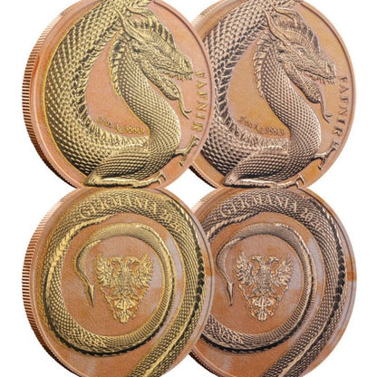 2020 Germania Fafnir Geminus Set - Terracotta Red and Yellow Gold - 2 x 1 Oz Silver Coins with intricate double-sided dragon designs.