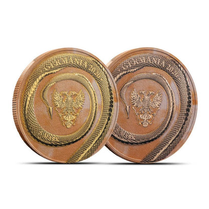 2020 Germania Fafnir Geminus Set - Terracotta Red and Yellow Gold - 2 x 1 Oz Silver Coins with intricate double-sided dragon designs.