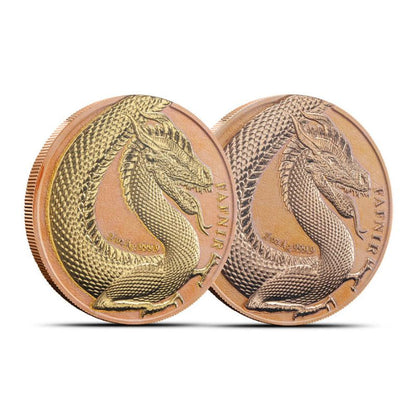 2020 Germania Fafnir Geminus Set - Terracotta Red and Yellow Gold - 2 x 1 Oz Silver Coins with intricate double-sided dragon designs.