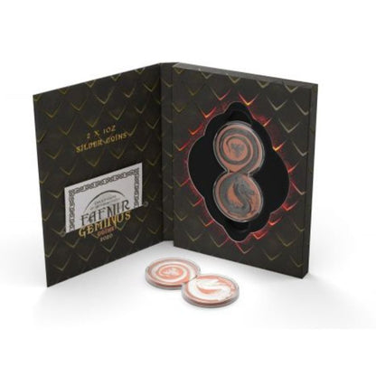 2020 Germania Fafnir Geminus Set - Terracotta and Ruthenium, featuring two 1 oz silver coins with intricate dragon designs and unique finishes.