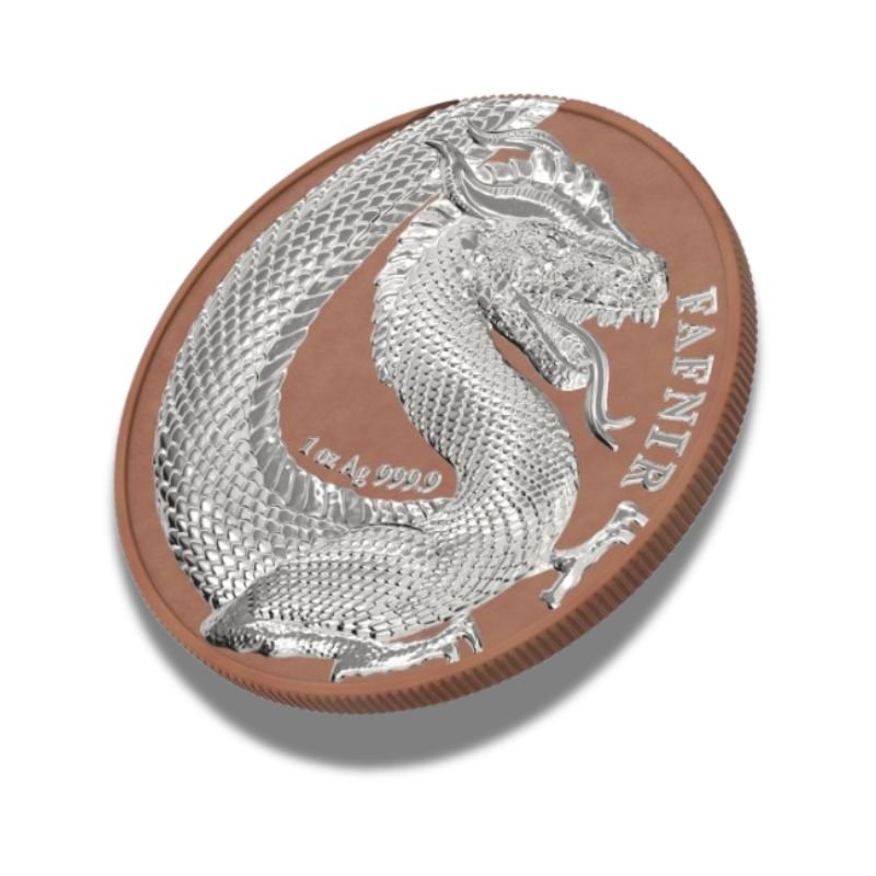 2020 Germania Fafnir Geminus Set - Terracotta and Ruthenium, featuring two 1 oz silver coins with intricate dragon designs and unique finishes.