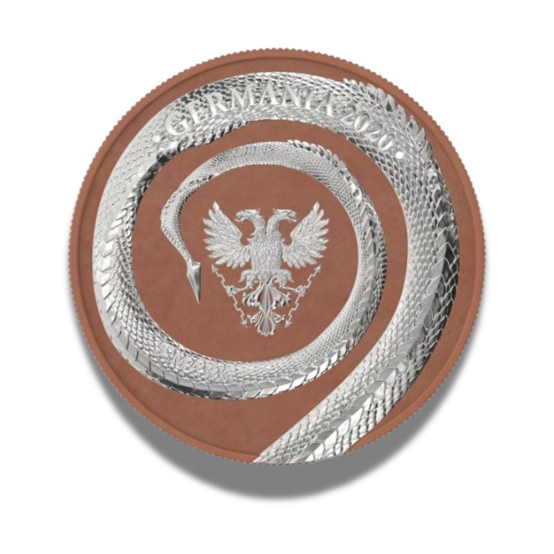 2020 Germania Fafnir Geminus Set - Terracotta and Ruthenium, featuring two 1 oz silver coins with intricate dragon designs and unique finishes.