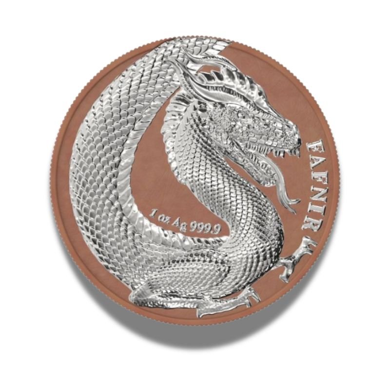 2020 Germania Fafnir Geminus Set - Terracotta and Ruthenium, featuring two 1 oz silver coins with intricate dragon designs and unique finishes.