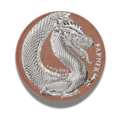 2020 Germania Fafnir Geminus Set - Terracotta and Ruthenium, featuring two 1 oz silver coins with intricate dragon designs and unique finishes.