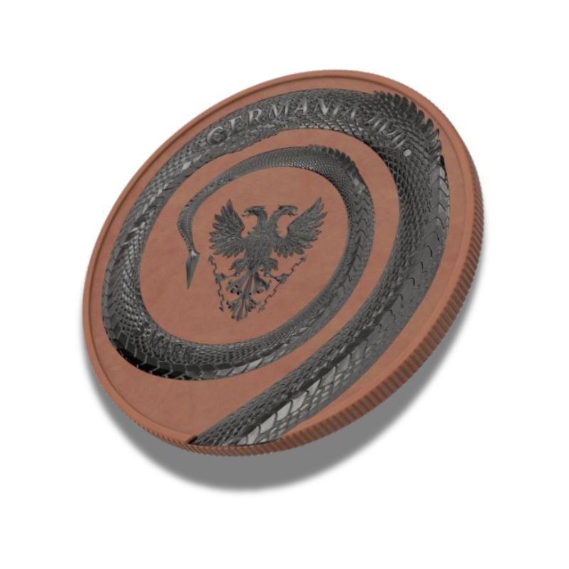 2020 Germania Fafnir Geminus Set - Terracotta and Ruthenium, featuring two 1 oz silver coins with intricate dragon designs and unique finishes.