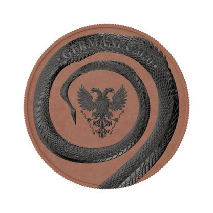 2020 Germania Fafnir Geminus Set - Terracotta and Ruthenium, featuring two 1 oz silver coins with intricate dragon designs and unique finishes.