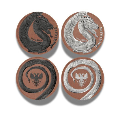 2020 Germania Fafnir Geminus Set - Terracotta and Ruthenium, featuring two 1 oz silver coins with intricate dragon designs and unique finishes.