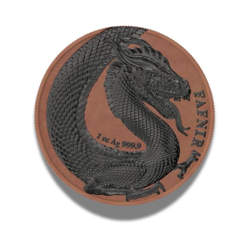 2020 Germania Fafnir Geminus Set - Terracotta and Ruthenium, featuring two 1 oz silver coins with intricate dragon designs and unique finishes.