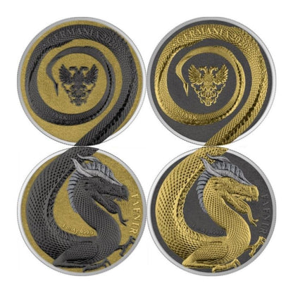 2020 Germania Fafnir Geminus Set – Two 1 oz Silver Coins with double-sided dragon designs.