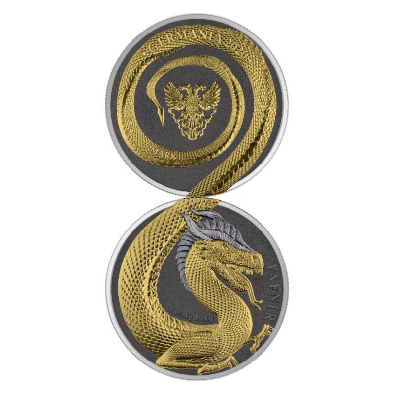 2020 Germania Fafnir Geminus Set – Two 1 oz Silver Coins with double-sided dragon designs.