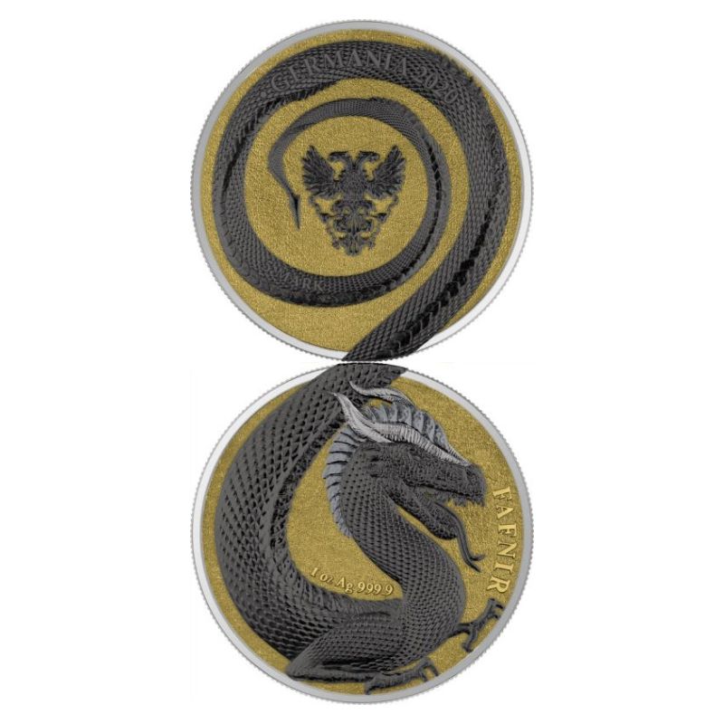 2020 Germania Fafnir Geminus Set – Two 1 oz Silver Coins with double-sided dragon designs.