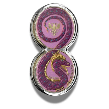 2020 Germania Fafnir Set Pink Blue Crystals – 2 x 1 oz Silver Coins with pink and blue crystal accents.