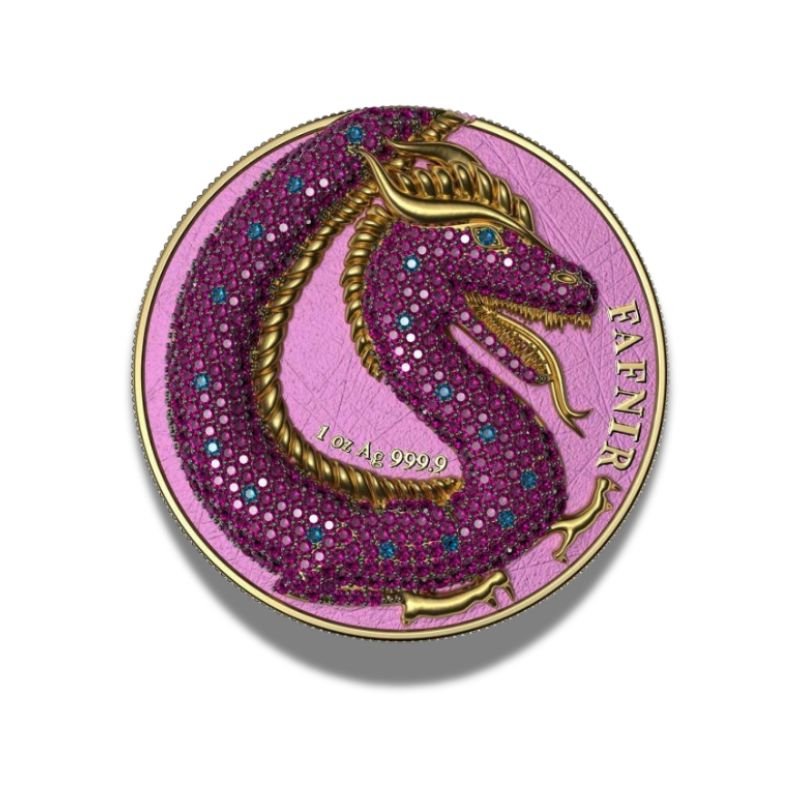 2020 Germania Fafnir Set Pink Blue Crystals – 2 x 1 oz Silver Coins with pink and blue crystal accents.