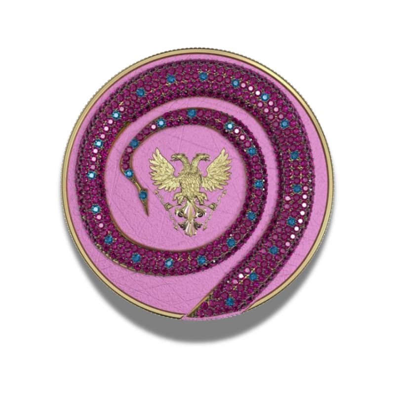 2020 Germania Fafnir Set Pink Blue Crystals – 2 x 1 oz Silver Coins with pink and blue crystal accents.