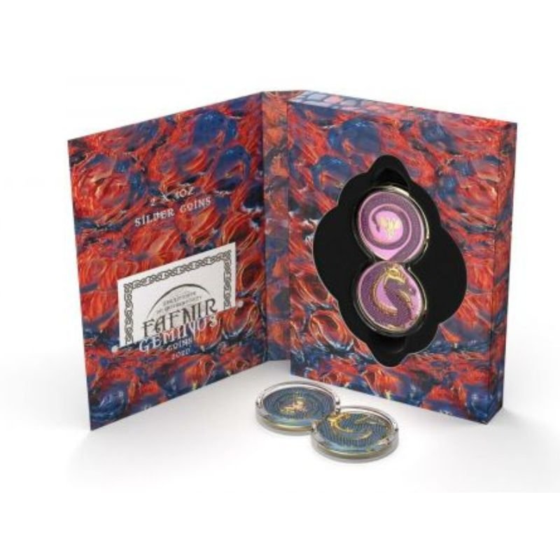 2020 Germania Fafnir Set Pink Blue Crystals – 2 x 1 oz Silver Coins with pink and blue crystal accents.